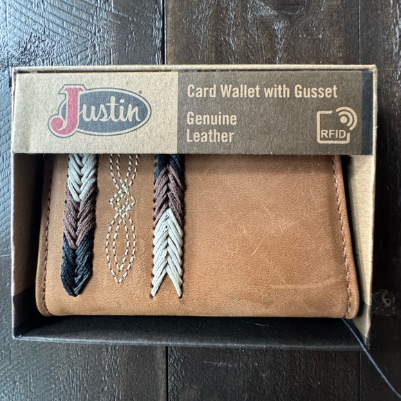 Justin Boots Brown Leather Card Holder with Embroidery - Picture 1 of 5